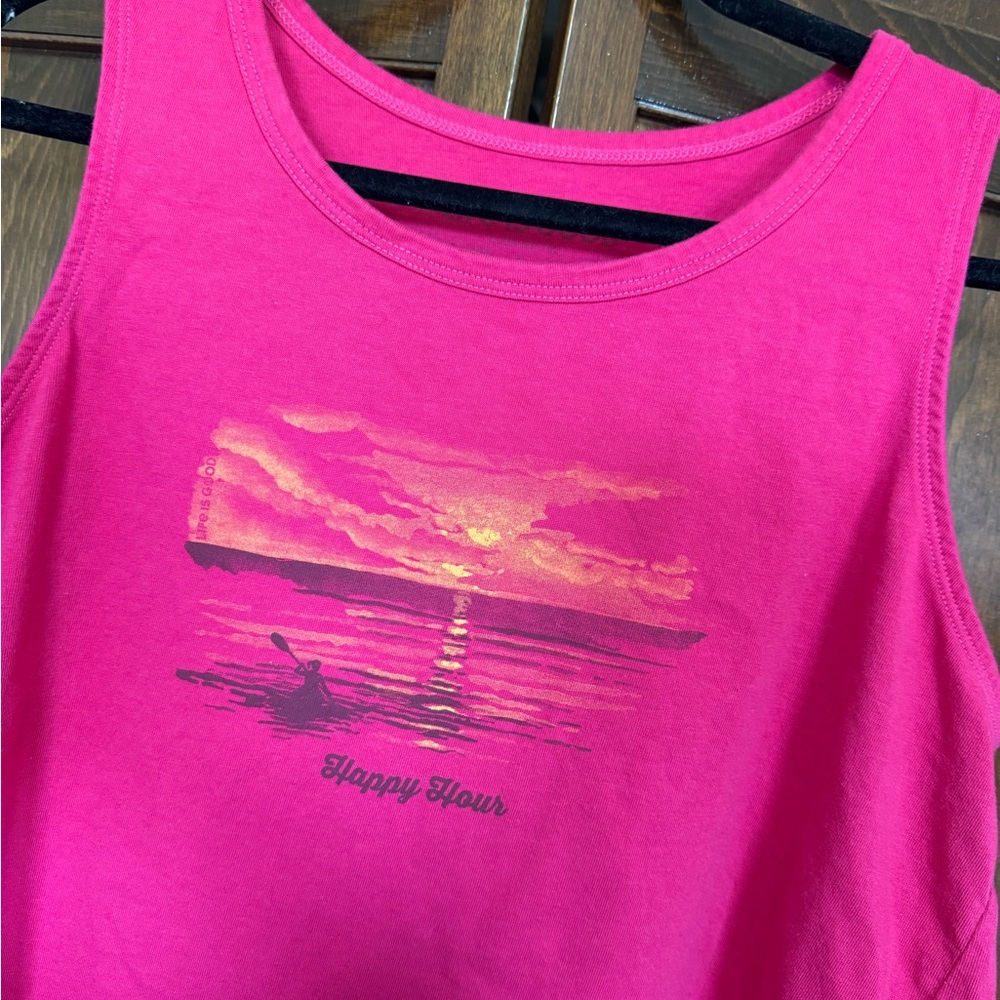 Life is Good Pink Happy Hour Sunset Kayak Crusher Tank Top - Large